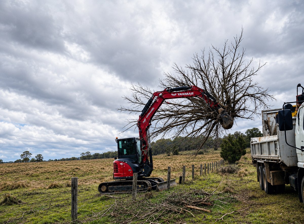 Yanmar with hydraulic grab clearing a fence line, Tenterfield